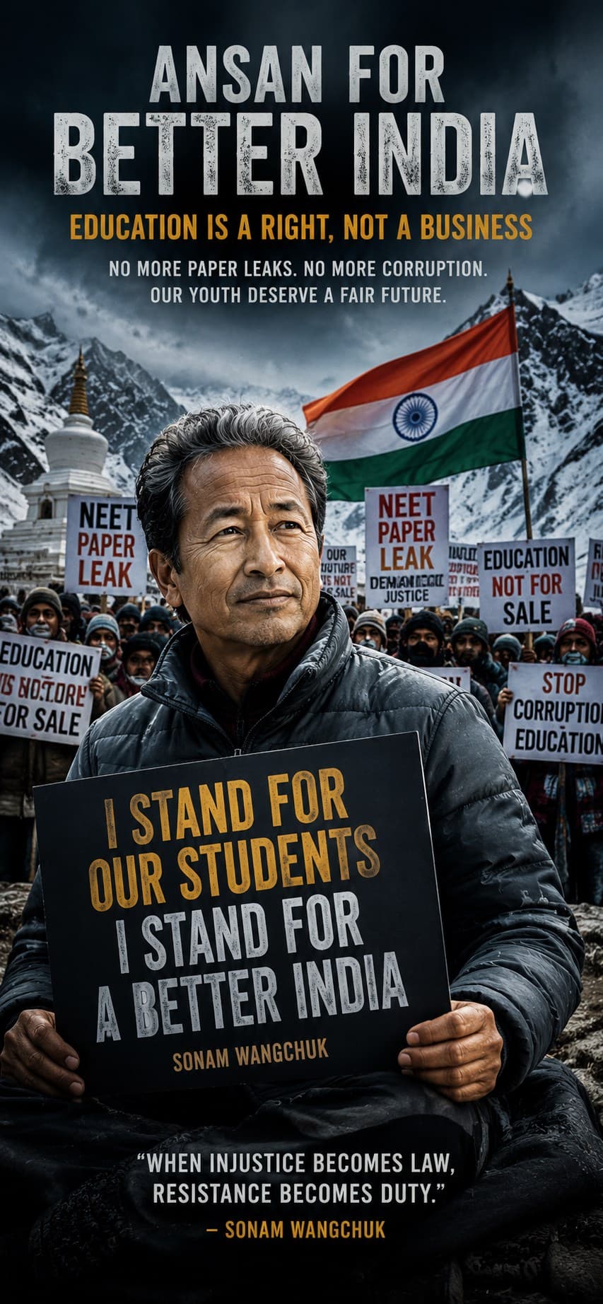 Sonam Wangchuk In Anshan For better India – 853x1844 AI Art wallpaper